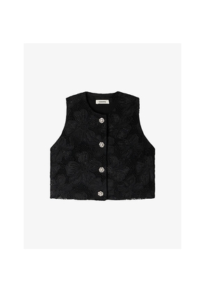 Womens Sandro Cropped Flower-Embroidered Woven Top