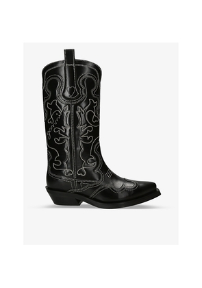 Womens Ganni Mid Shaft Embroidered Calf-Length Leather Cowboy Boots