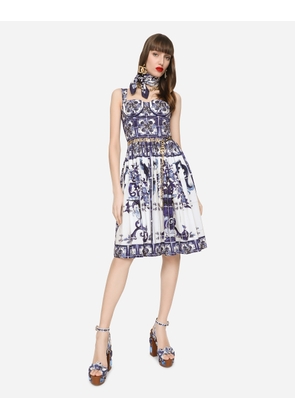 Dolce & Gabbana Midi Corset Dress In Cotton Poplin With Majolica Print - Woman Dresses Blue Cotton 48