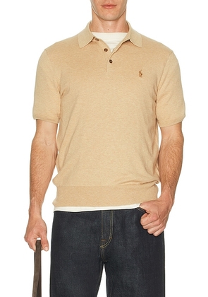 Polo Ralph Lauren Short Sleeve Cotton Placket Pullover Sweater in Brown - Tan. Size L (also in M, S, XL/1X).