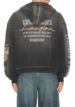 REPRESENT x Guns N' Roses Cross Zip Through Hoodie in Stained Black - Black. Size L (also in M, S, XL/1X).