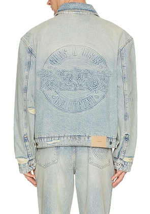 REPRESENT x Guns N' Roses Denim Jacket in Light Vintage Blue - Blue. Size L (also in M, XL/1X).