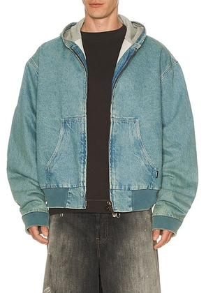 VETEMENTS Hooded Workwear Denim Jacket in Vintage Mid Blue - Blue. Size L (also in M).