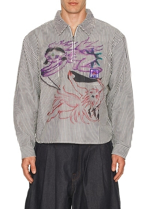 Brain Dead Angel Striped Half Zip Work Shirt in Natural - Cream. Size M (also in ).