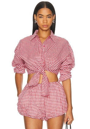 AEXAE Linen Shirt Tie Top in Gingham Red - Red. Size M (also in S, XS).