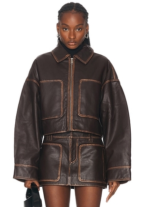 GRLFRND Cropped Leather Patch Pocket Jacket in Brown - Brown. Size L (also in ).