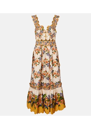 Farm Rio Floral scalloped linen-blend midi dress