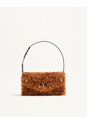 Valentino Garavani Valentino Garavani DeVain Small Shoulder Bag In Lamb Fur With Rhinestones. Woman BROWN/MULTICOLOUR UNI