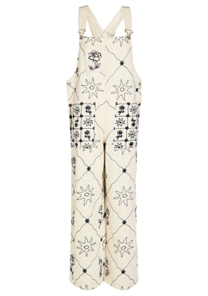 Free People Rising Sun Embroidered Denim Overalls - White - M (UK 12-14 / M)