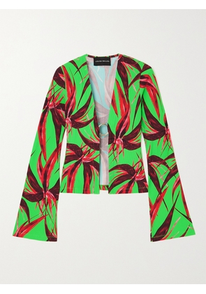 LOUISA BALLOU - Embellished Printed Ribbed Jersey Cardigan - Green - x small,small,medium,large,x large