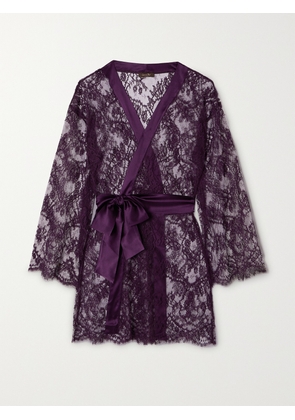 COCO DE MER - Lunaria Satin-trimmed Leavers Lace Robe - Burgundy - small,medium,large