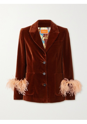 La DoubleJ - Keaton Feather-trimmed Cotton-velvet Blazer - Red - xx small,x small,small,medium,large,x large,xx large