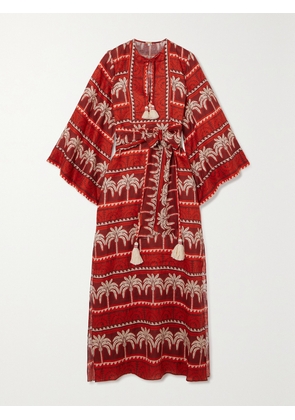 Johanna Ortiz - + Net Sustain Wild Savannah Belted Tasseled Printed Linen Dress - Red - US0,US2,US4,US6,US8,US10