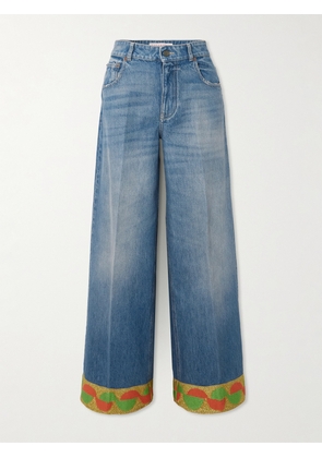 Valentino Garavani - Metallic Jacquard-trimmed High-rise Wide-leg Jeans - Blue - 24,25,26,27,28,29,30,31,32