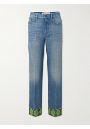 Valentino Garavani - Metallic Jacquard-trimmed Straight-leg Jeans - Blue - 24,25,26,27,28,29,30,31,32,33,34