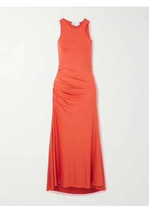 Victoria Beckham - Asymmetric Ruched Satin-jersey Midi Dress - Orange - UK 4,UK 6,UK 8,UK 10,UK 12,UK 14,UK 16
