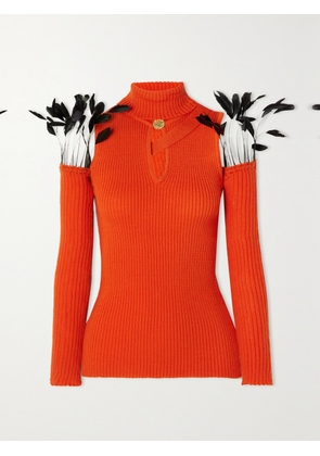 THEBE MAGUGU - Convertible Feather-trimmed Cutout Ribbed Wool Turtleneck Sweater - Orange - x small,small,medium,large