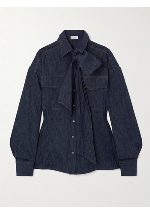 Brunello Cucinelli - Bead-embellished Pussy-bow Denim Shirt - Blue - xx small,x small,small,medium,large,x large