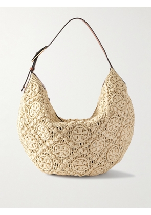 Tory Burch - T Leather-trimmed Woven Raffia Shoulder Bag - Neutrals - One size