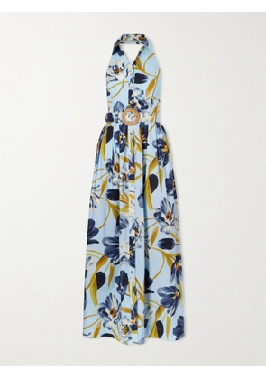 Cara Cara - Quentin Belted Pleated Floral-print Cotton-poplin Halterneck Maxi Dress - Blue - US0,US2,US4,US6,US8,US10,US12
