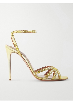 Aquazzura - Tequila 105 Crystal-embellished Metallic Leather Sandals - Yellow - IT35,IT36,IT36.5,IT37,IT37.5,IT38,IT38.5,IT39,IT39.5,IT40,IT40.5,IT41,IT41.5,IT42