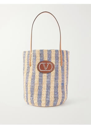 Valentino Garavani - Vlogo Signature Small Embellished Leather-trimmed Striped Raffia Bucket Bag - Blue - One size