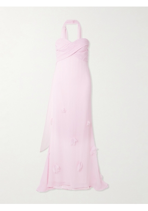 Self-Portrait - Scarf-detailed Strapless Appliquéd Georgette Gown - Pink - UK 4,UK 6,UK 8,UK 10,UK 12,UK 14,UK 16