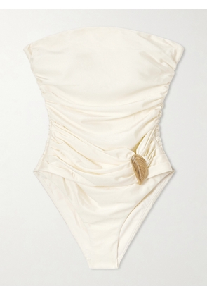 SIMKHAI - Lorena Strapless Embellished Swimsuit - Cream - x small,small,medium,large