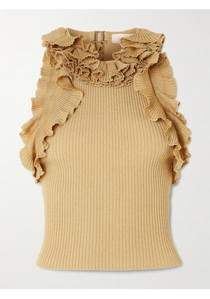 Zimmermann - Luna Cropped Ruffled Metallic Ribbed-knit Top - Gold - 00,0,1,2,3,4