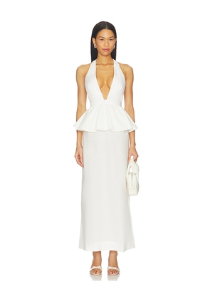 ADRIANA DEGREAS Solid Deep-V Peplum Maxi Dress in Ivory. Size S. Also in M.