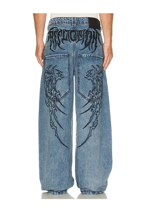 Affliction Tribal & Wings Denim Pants in Blue. Size 30. Also in 32, 34, 36.