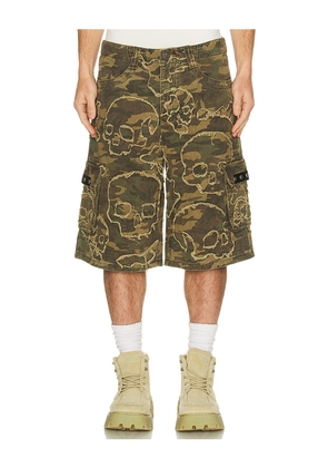 Affliction Skull Camo Shorts in Green. Size 30. Also in 31, 32, 33, 34, 36.