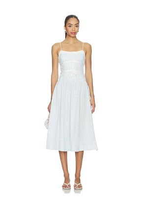 For Love & Lemons Georgia Gingham Midi Dress in Baby Blue. Size XS. Also in S, M, L, XL.