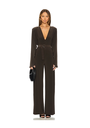 Norma Kamali Dolman V Neck Jumpsuit With Shoulder Pads in Brown. Size M. Also in S.
