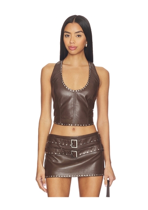 LAMARQUE x REVOLVE Liddy Faux Leather Studded Halter Top in Chocolate. Size S. Also in XS, M, L, XL.
