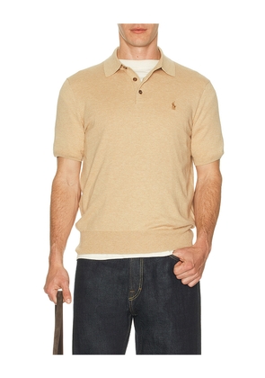 Polo Ralph Lauren Short Sleeve Cotton Placket Pullover Sweater in Tan. Size S. Also in L, M, XL/1X.