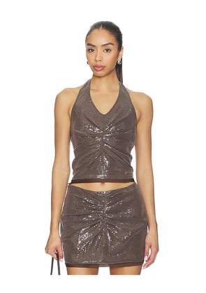 PRIVATE POLICY Gather Sequin Halter Top in Brown. Size XS. Also in S, L.