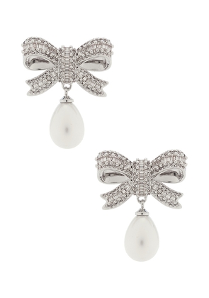 self-portrait Crystal Bow Pearl Droplet Earrings in Metallic Silver.