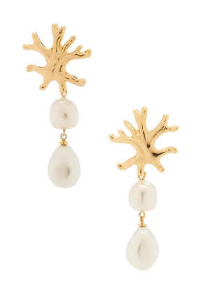 self-portrait Gold Coral Pearl Earrings in Metallic Gold.