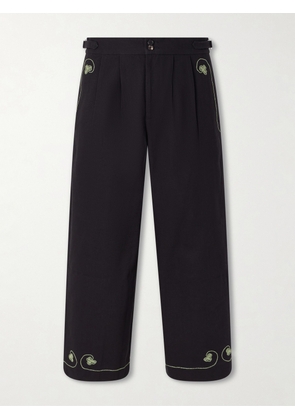 BODE - Lucky Draw Straight-Leg Pleated Embroidered Cotton-Twill Trousers - Men - Black - UK/US 28