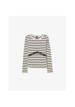 Womens Claudie Pierlot Striped Lace-Trim Cotton-Jersey T-Shirt
