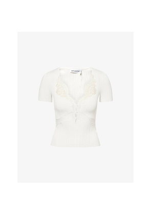 Womens Self Portrait Lace-Trim Short-Sleeve Knitted Top