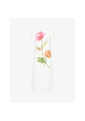 Womens Carolina Herrera Floral-Print Round-Neck Woven Midi Dress