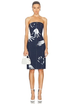 AREA Handprint Strapless Midi Dress in Dark Blue - Denim-Medium. Size 4 (also in 0).
