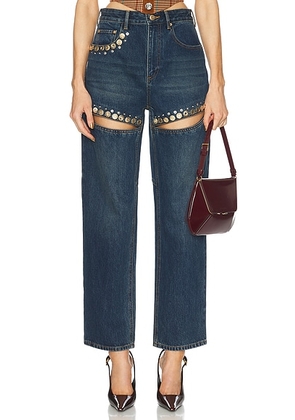 AREA Crystal Cut Out Straight Leg Jeans in Dark Blue - Blue. Size 29 (also in 28, 30).