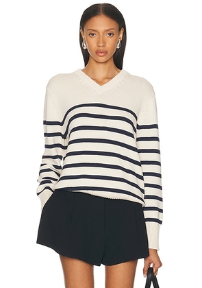Jenni Kayne Cotton Cate V Neck Sweater in Ivory & Navy Stripe - Ivory. Size L (also in XS, S, M, XL).