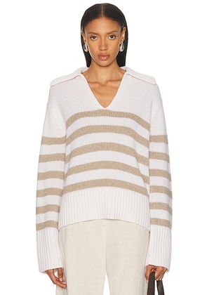 Jenni Kayne Cashmere Phoebe Polo Sweater in Ivory & Toast Stripe - Ivory. Size L (also in S, M, XL).