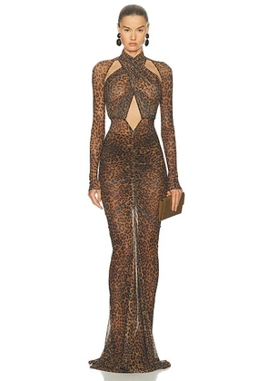 Lapointe Printed Mesh Halter Ruched Gown in Leopard - Brown. Size M (also in ).
