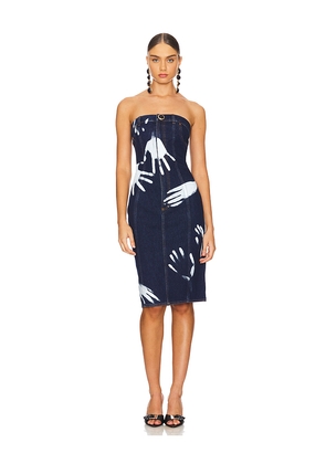 AREA Handprint Strapless Midi Dress in Denim-Medium. Size 0. Also in 4.