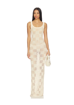 SNDYS Breanna Crochet Shimmer Maxi Dress in Cream. Size S. Also in XXS, XS, M, L, XL, XXL.